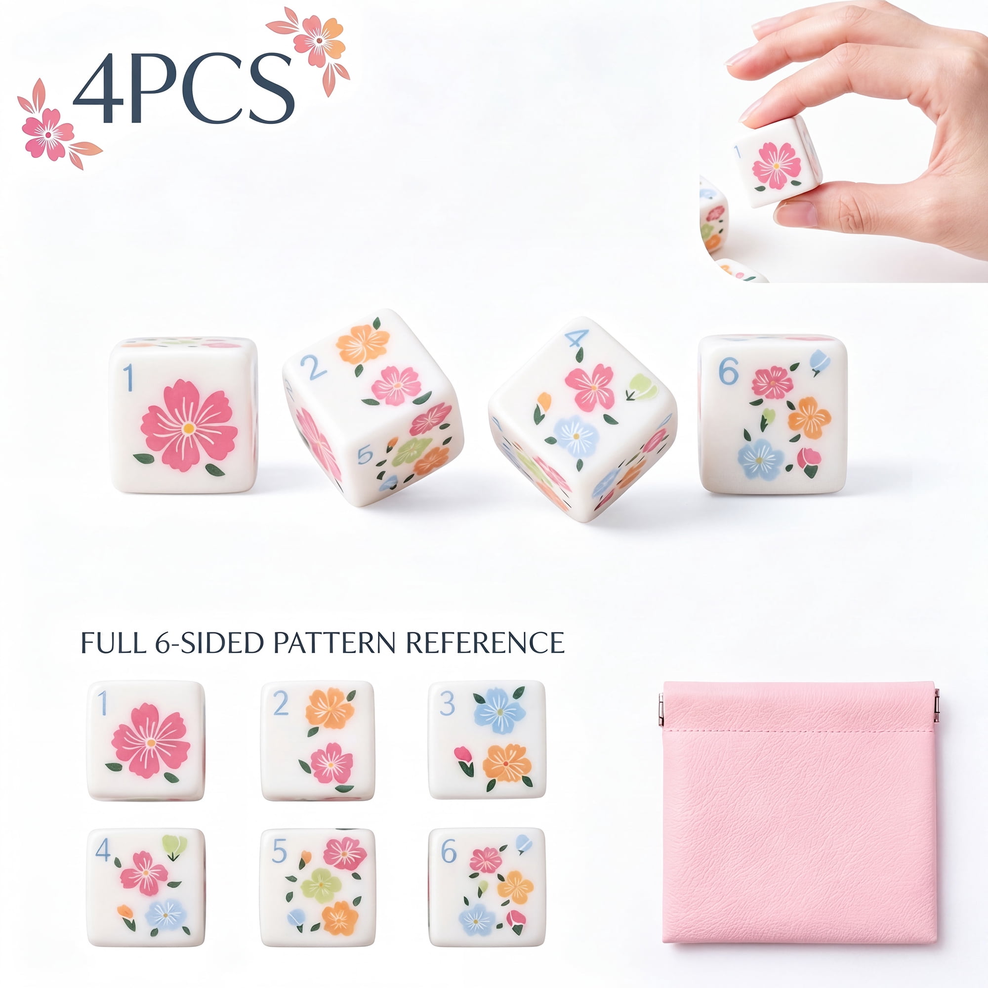4 Pcs Floral Mahjong Dice Set with PU Pouch Acrylic D6 Game Dice for Tabletop Board Games Vintage Flower Pattern 16mm