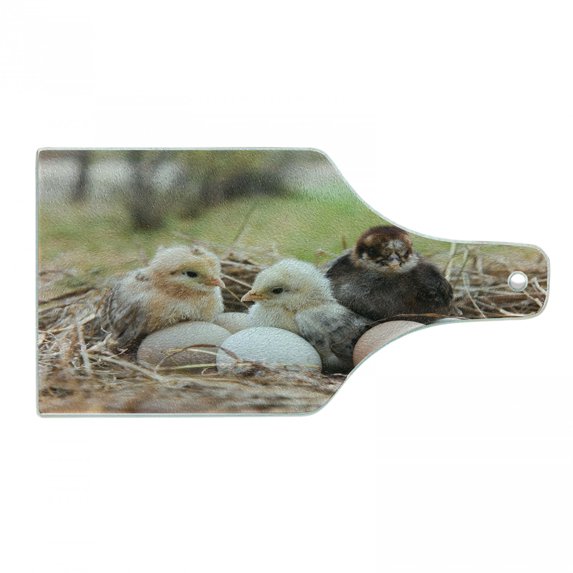 Chicks Cutting Board, Photo Focused on Little Chickens in Hay with Eggs Farm Animal Print, Decorative Tempered Glass Cutting and Serving Board, in 3 Sizes, by Ambesonne