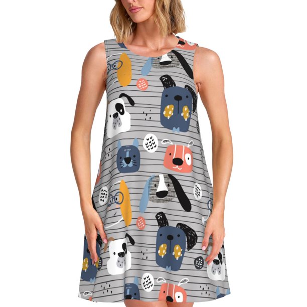 Easygdp Dog para Vestido Transpirable de Mujer, Vestido Suelto de Manga Corta con Pliegues y Bolsillos para el Verano