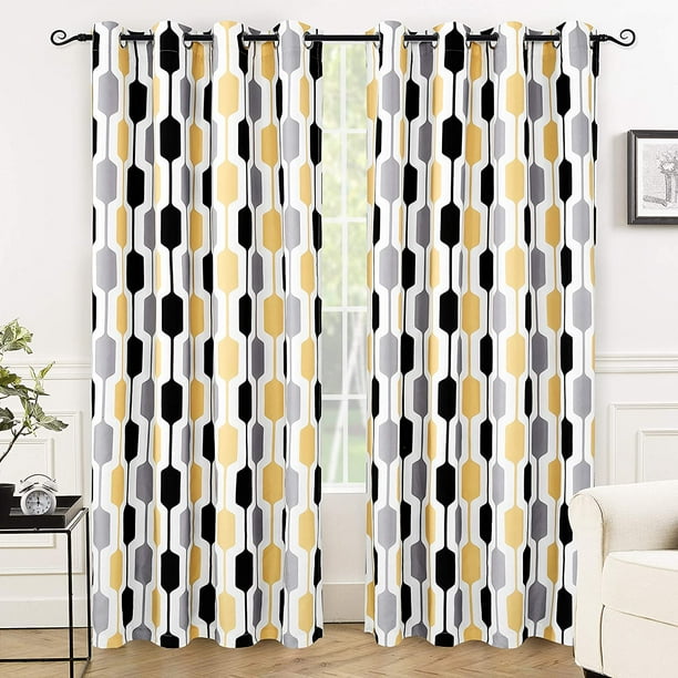 Driftaway Riley Geo Thermal Room Darkening Grommet Lined Window Curtains Set Of Two Panels Each 52 X84 Yellow Gray Black Com Driftaway Riley Geo Thermal Room, Yellow And Gray Bedroom Curtains