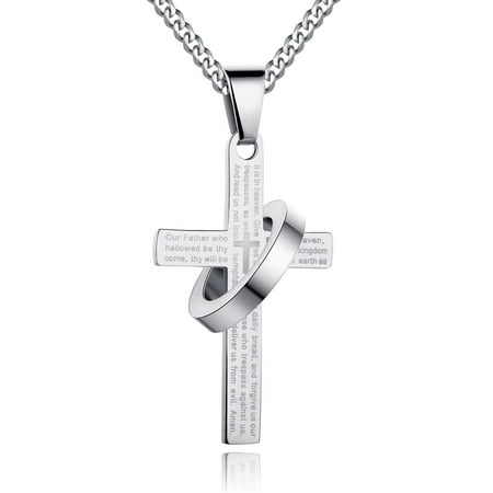 Men's Stainless Steel Our Father Lord's Prayer Halo Ring Cross Pendant Necklace