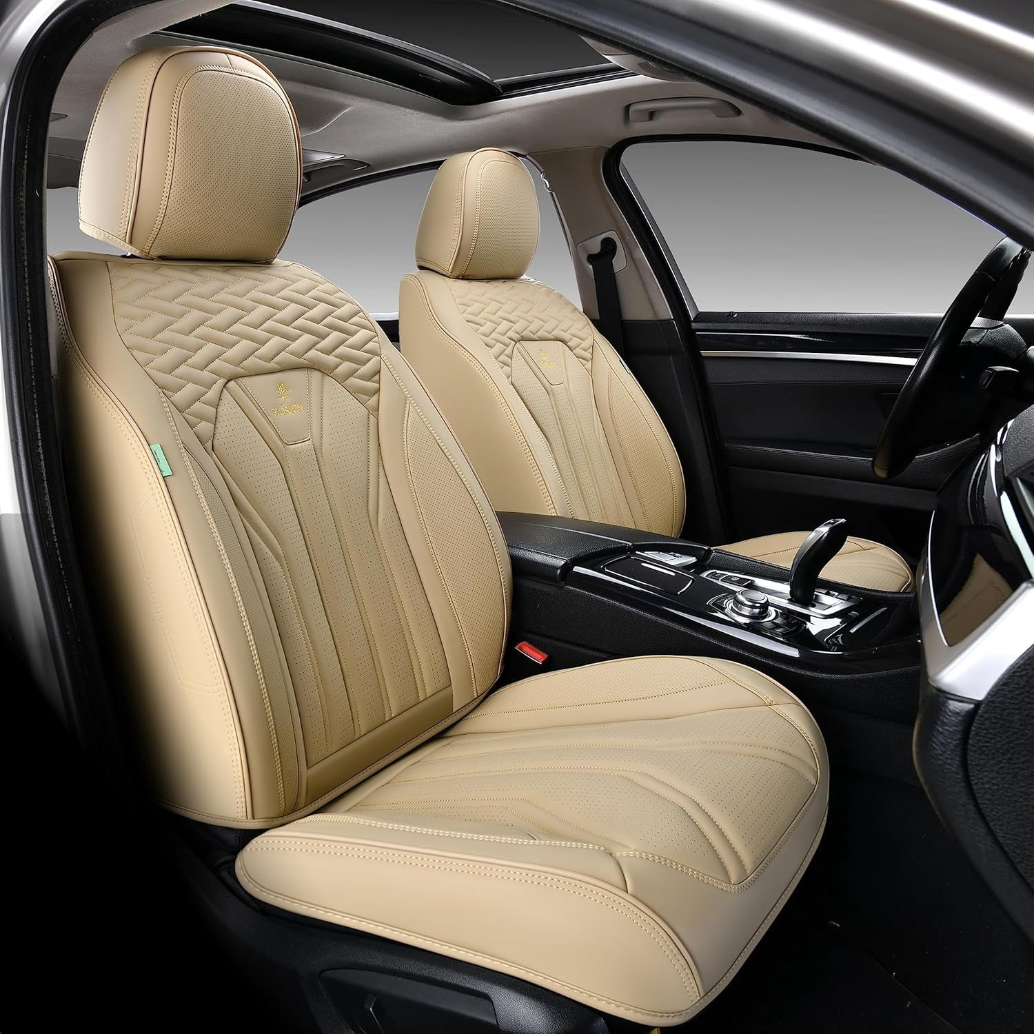 FLORICH Universal Leather Car Seat Cover Full Set, Beige Seat Covers for Cars 5 Seats, Waterproof Front and Rear Automotive Seat Cover Fit for Most Sedans SUV Pick-up Truck