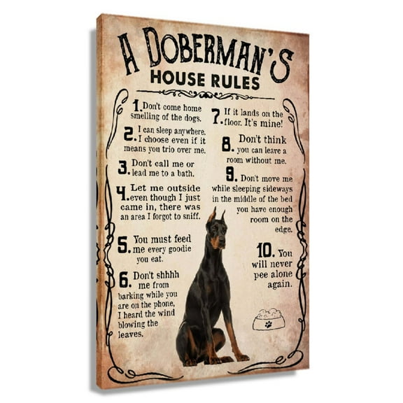 Dobermann Dog Wall Art House Rules Retro Poster Funny Canvas Wall Art For Living Room Unframed 12×18 in
