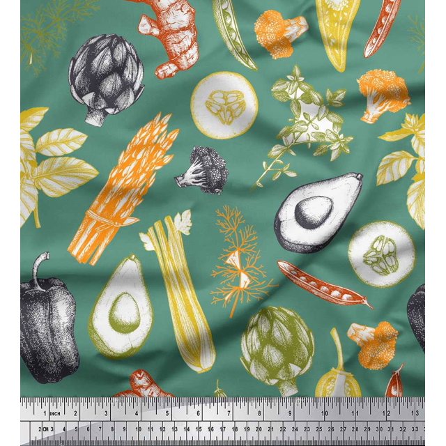 Soimoi Green Viscose Chiffon Fabric Mixed Vegetable Printed Fabric 1 Yard 42 Inch Wide