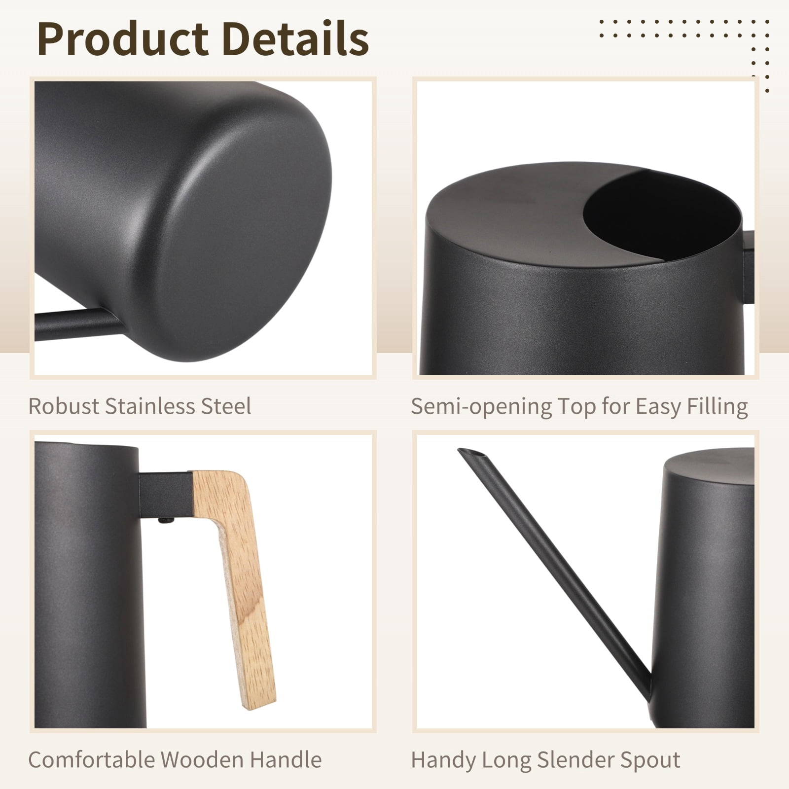 35 oz Small Watering Can for Indoor Plants – Long Spout Black Metal Plant Can with Wooden Handle, Rust-Resistant, Modern Minimalist Design for Houseplants, Desk Plants & Hanging Plants