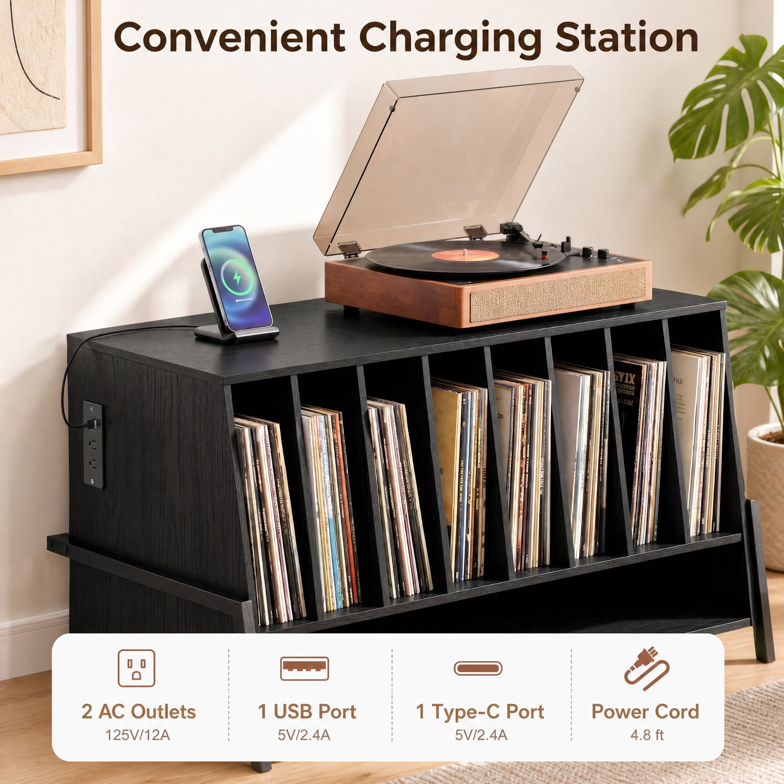 Furnibear Turntable Stand with Charging Station Vinyl Storage Shelves and Locking Wheels for Living Room Record Player Setup, Black