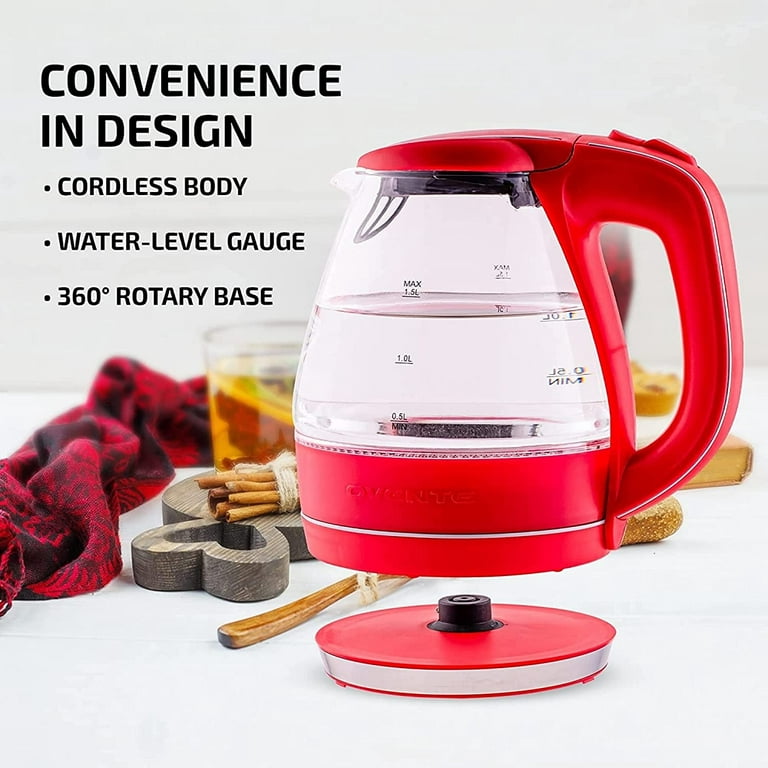 OVENTE Glass Electric Kettle Hot Water Boiler 1.5 Liter Borosilicate Glass  Fast Boiling Countertop Heater - BPA Free Auto Shut Off Instant Water  Heater Kettle for Coffee & Tea Maker - Red