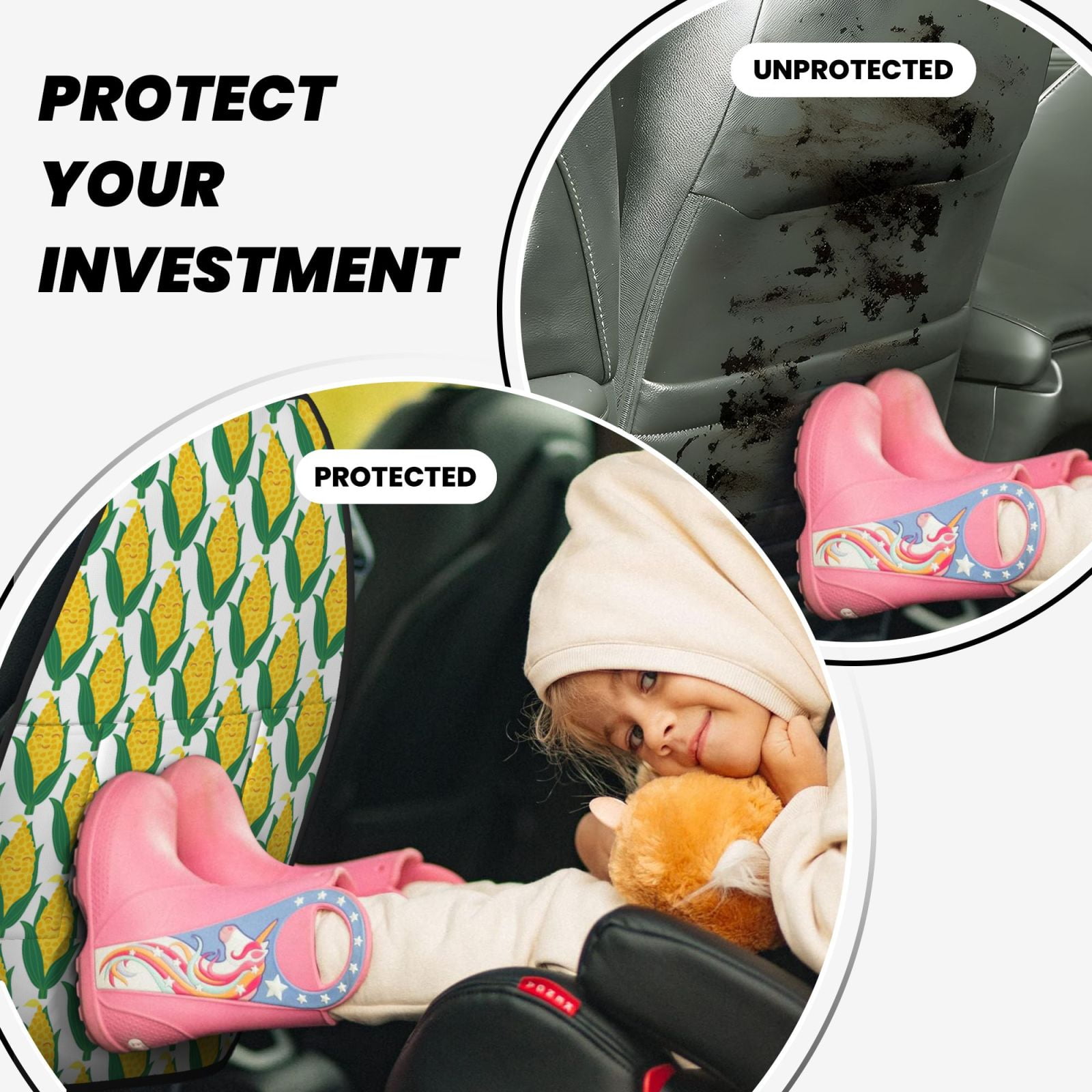Xecao Corn Cob Pattern Car Seat Back Protector 2 Pack Large Capacity Pocket, Kick Mats Back Seat Protector
