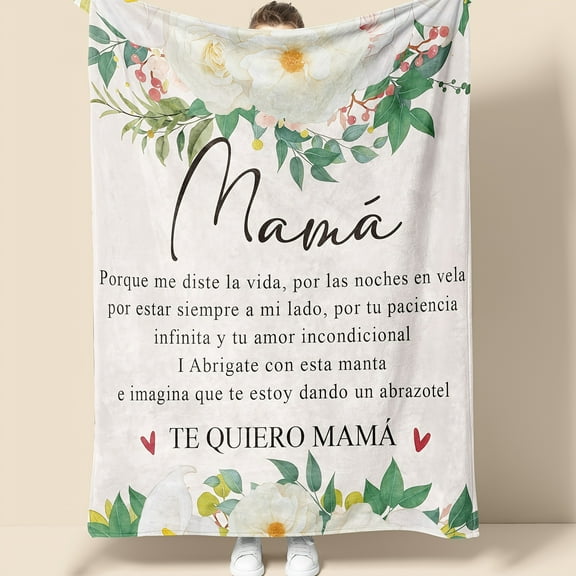 Mama Gift - Floral Print Flannel Blanket with Spanish Mother’s Day Poem, Anti-Tear &, All-Season Cozy Throw for Women, Machine Washable Contemporary Home Decor