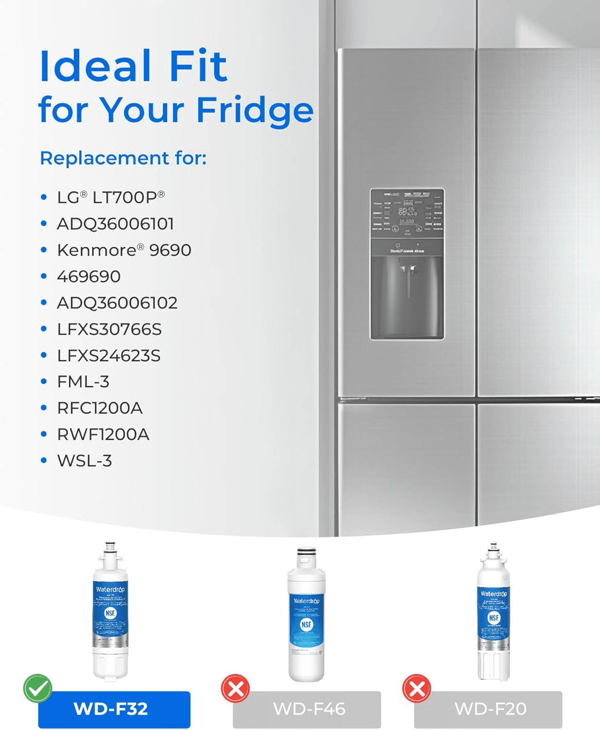 Waterdrop 469690 ADQ36006101 Refrigerator Water Filter, Replacement for LG® LT700P®, Kenmore 469690, 9690, ADQ36006102, Standard, Pack of 6