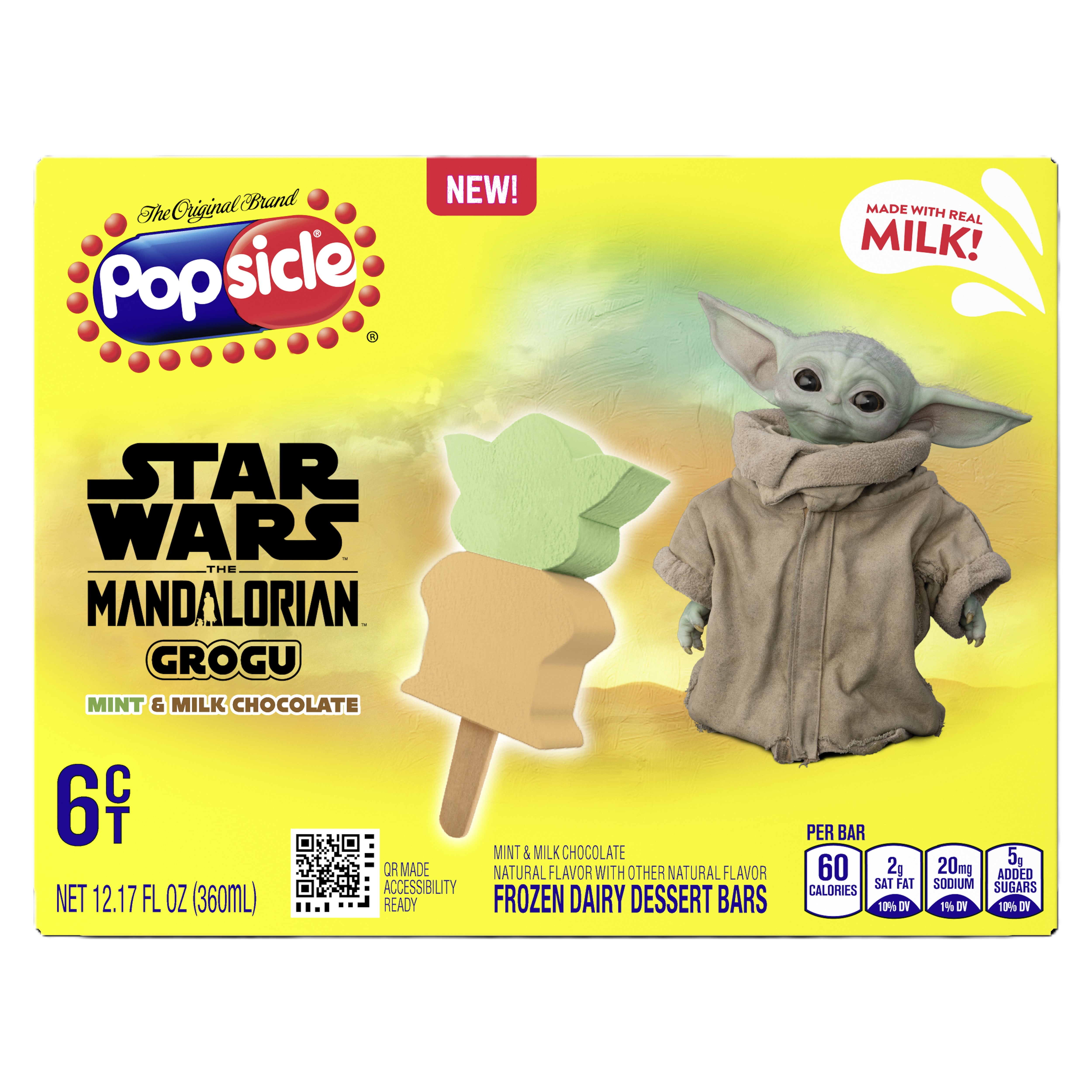 Popsicle Star Wars the Mandalorian Grogu Mint and Chocolate Ice Cream Bars Frozen Desserts, 6 Count