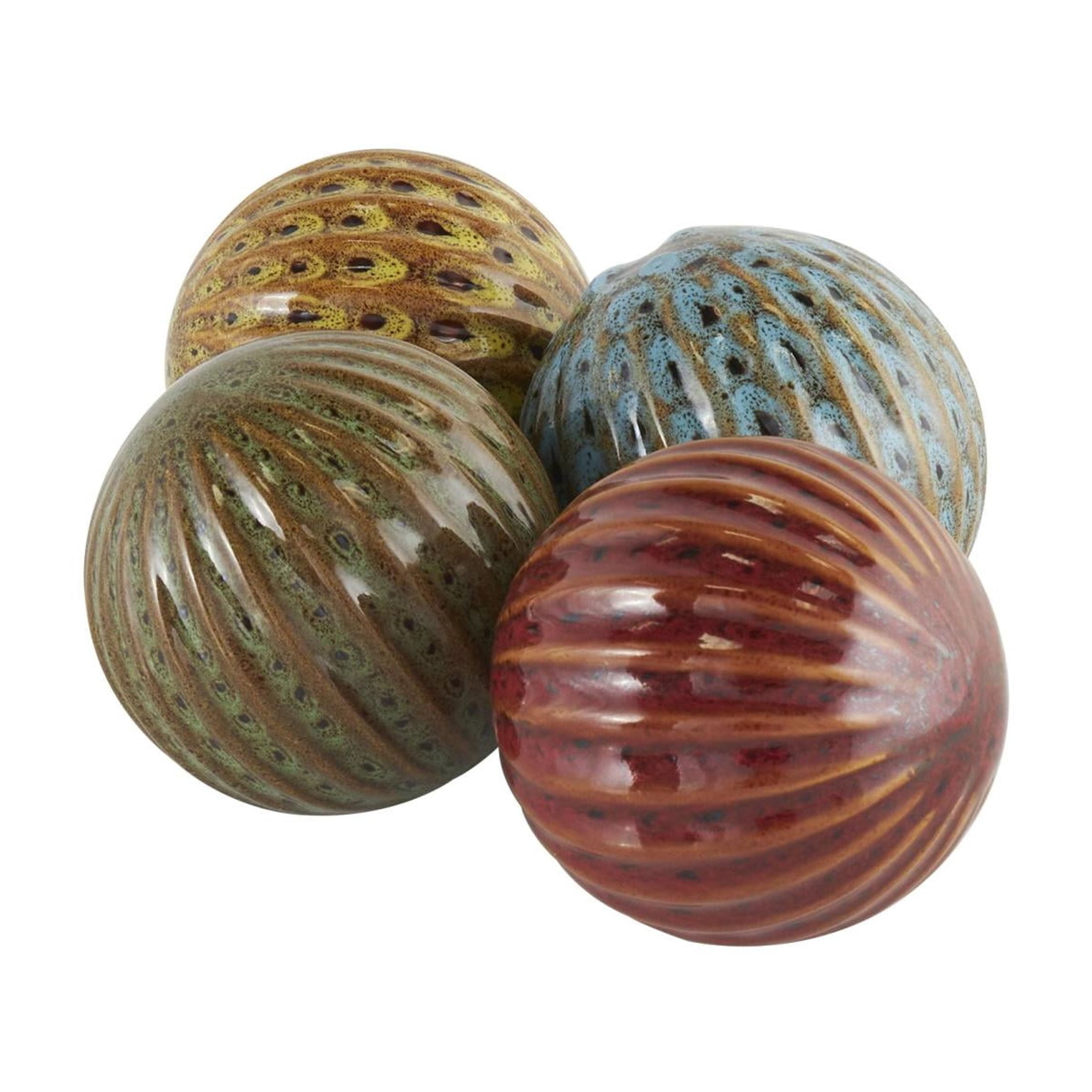 DecMode Multi Colored 4" Spotted Ceramic Orbs & Vase Filler with Grooves (4 Count)