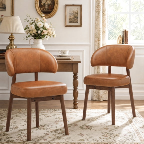 Nidovia Dining Chairs Set of 2, Mid Century Modern Dining Room Chairs, Faux Leather Upholstered Kitchen Side Accent Chair with Curved Back & Solid Wood Legs, Brown