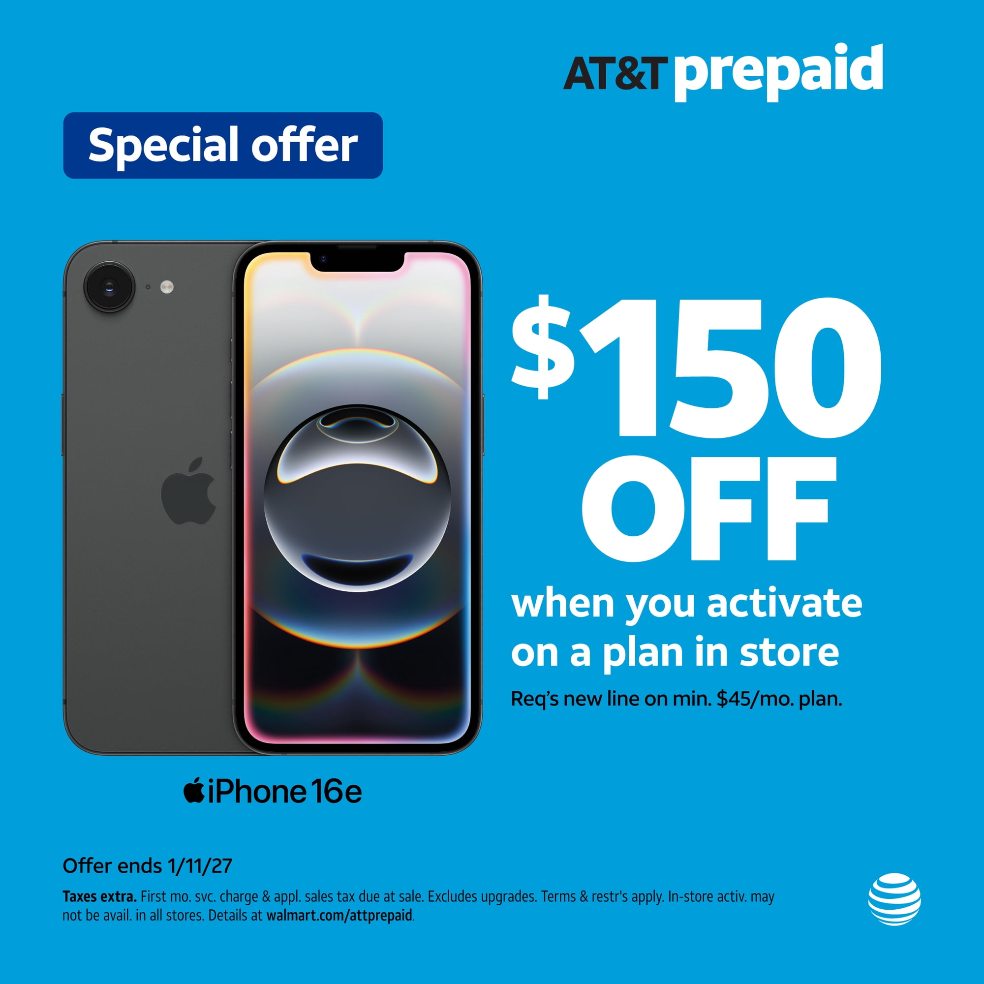 AT&T Apple iPhone 16e  128GB  Black - Prepaid Smartphone [Locked to AT&T]