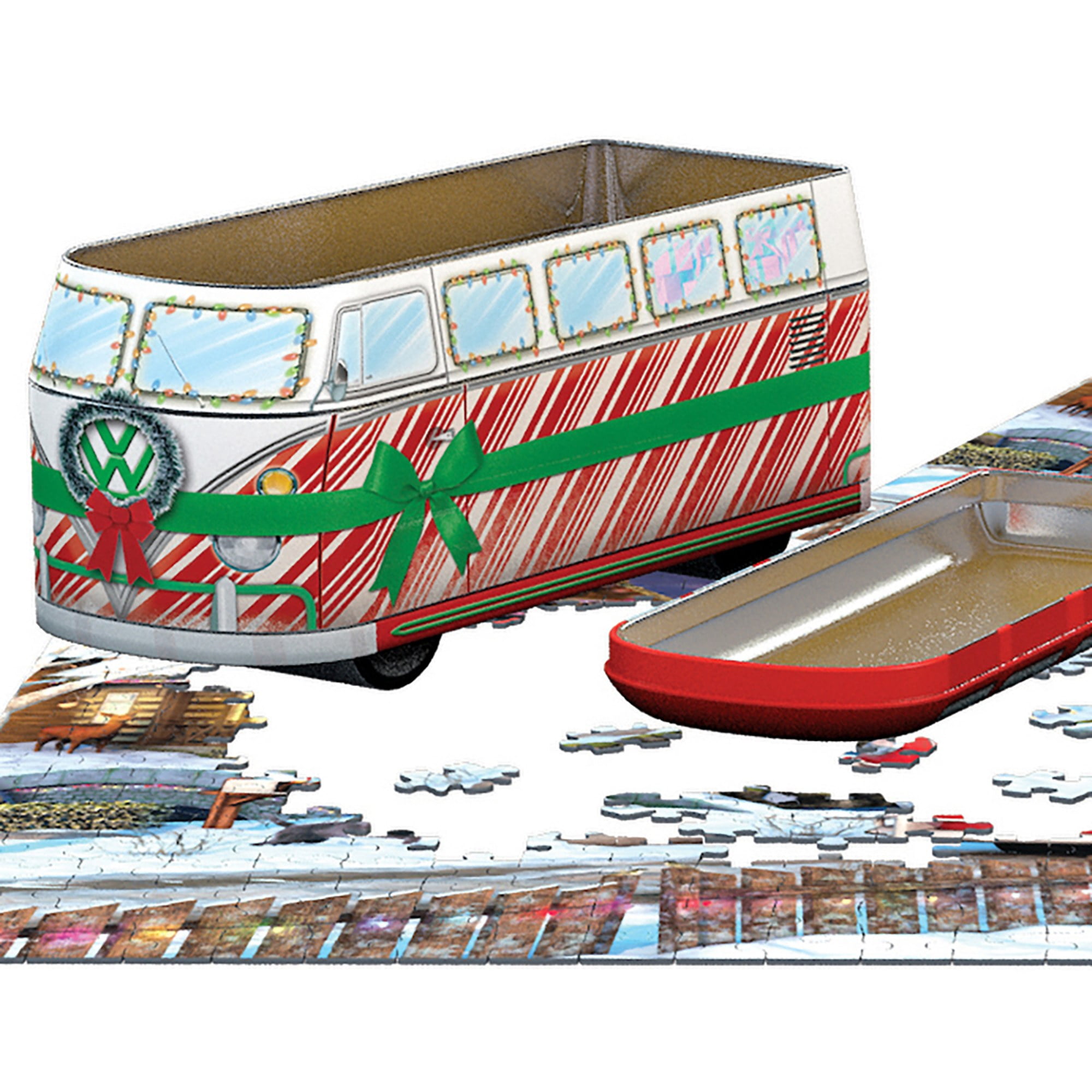 Eurographics: Puzzle Tin: VW Christmas Bus - 550 Piece Jigsaw - Collectible Decorative Van Shaped Tin - 13" x 19" Assembled, Nostalgic Holiday Gift