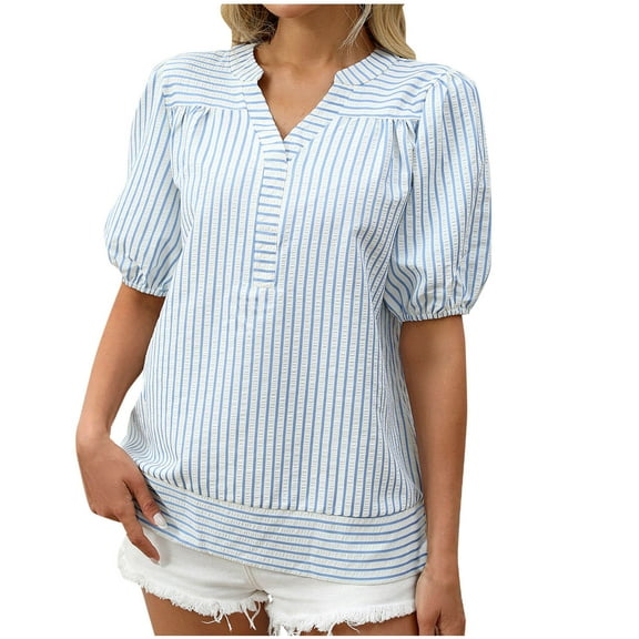 HAiming Womens Short Puff Sleeve Striped Shirt V Neck Loose Casual Summer Tops Dressy Work Blouses