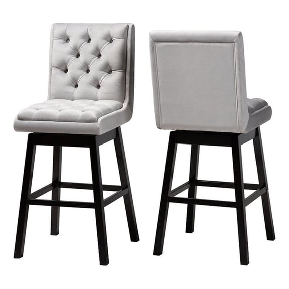 Bowery Hill 31.1" Contemporary Velvet Tufted Swivel Bar Stool in Gray (Set of 2)