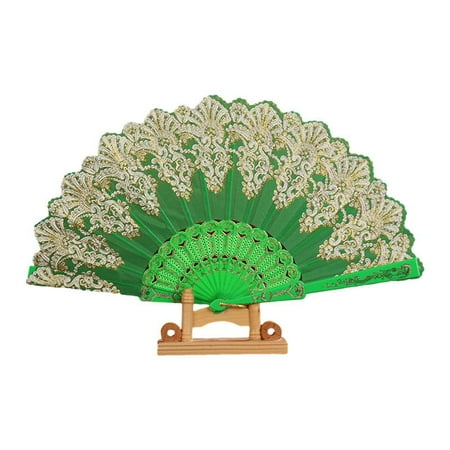 

SJENERT Hand Fans for Women Rose Lace Folding Hand Held Fans Bulk for Women - Spanish/Chinese/Japanese Vintage Retro Fabric Fans for Wedding Church Party Gifts(Green)