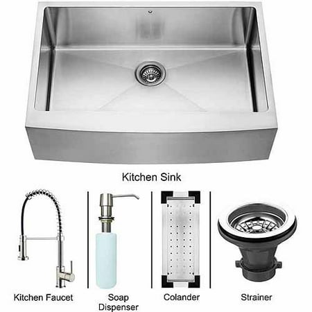 Vigo Farmhouse Stainless Steel Kitchen Sink, Faucet, Colander, Strainer and Dispenser
