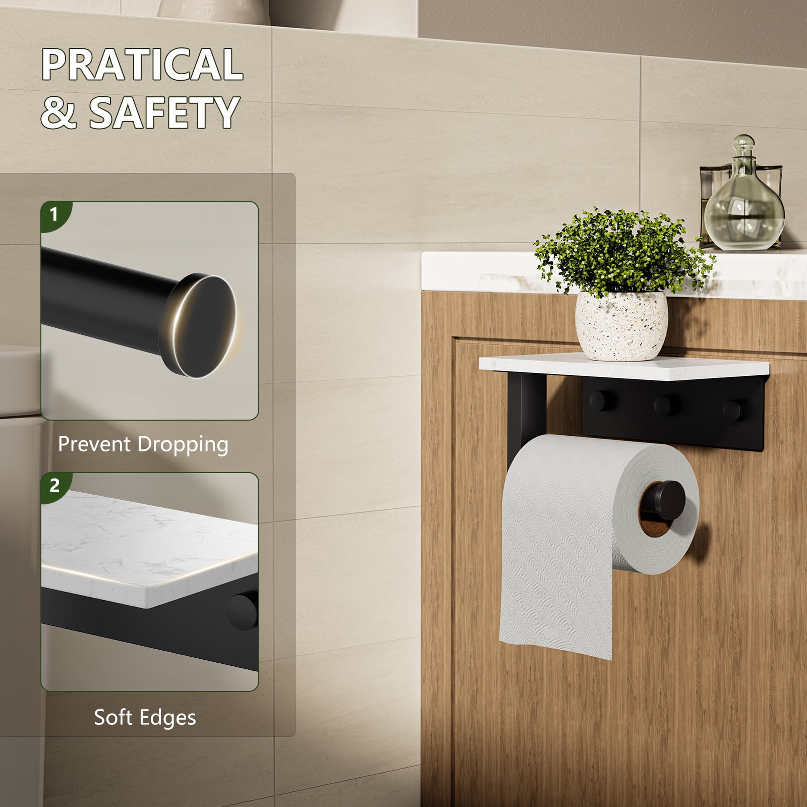 Wall Mount Toilet Paper Holder With Natural Marble Shelf Tissue Storage Holder In Matte Black