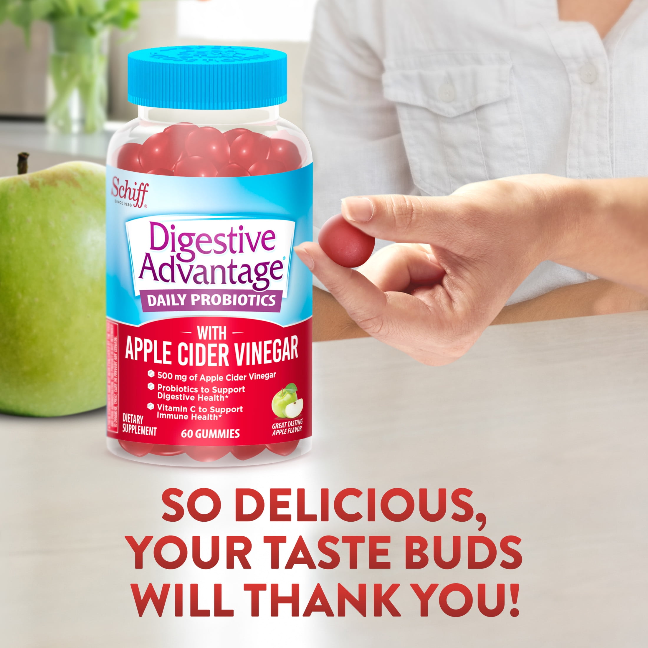 (2 pack) Digestive Advantage Daily Probiotics with Apple Cider Vinegar For Women And Men, Apple Flavor, 60 Gummies