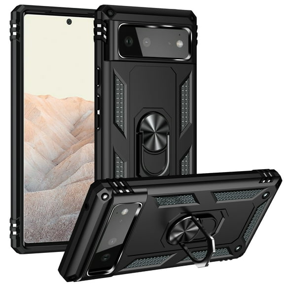 Dteck Google Pixel 6 Case, Military-Grade Ring Holder Kickstand Drop Tested Shockproof Heavy Duty Cover Case Rosegold, Black