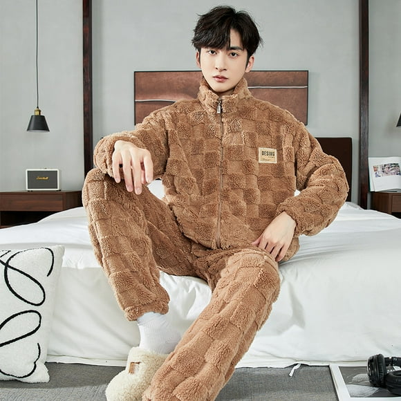 Autumn and Winter Long Plush Men‘s Pajamas Plaid Flannel Pyjama Pants 2 Piece Home Wear Women Velvet Thicken Sleepwear Zipper Pj tzw
