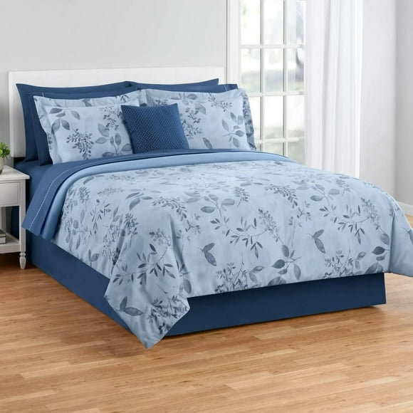 Mainstays Soft Touch Bed in a Bag 11-Piece Reversible Blue Floral Comforter Set with Sheets, King