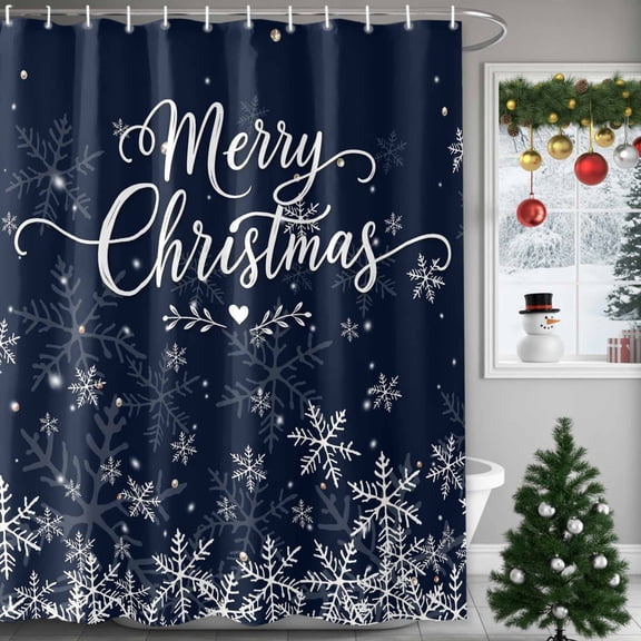 Small Stall Shower Curtain 48x72 Inch Narrow Half Size Navy Blue Christmas Bath Curtains Bathroom Decor, White Xmas Snowflake Winter Waterproof Fabric Shower Curtain Set with Hooks 48 Inch