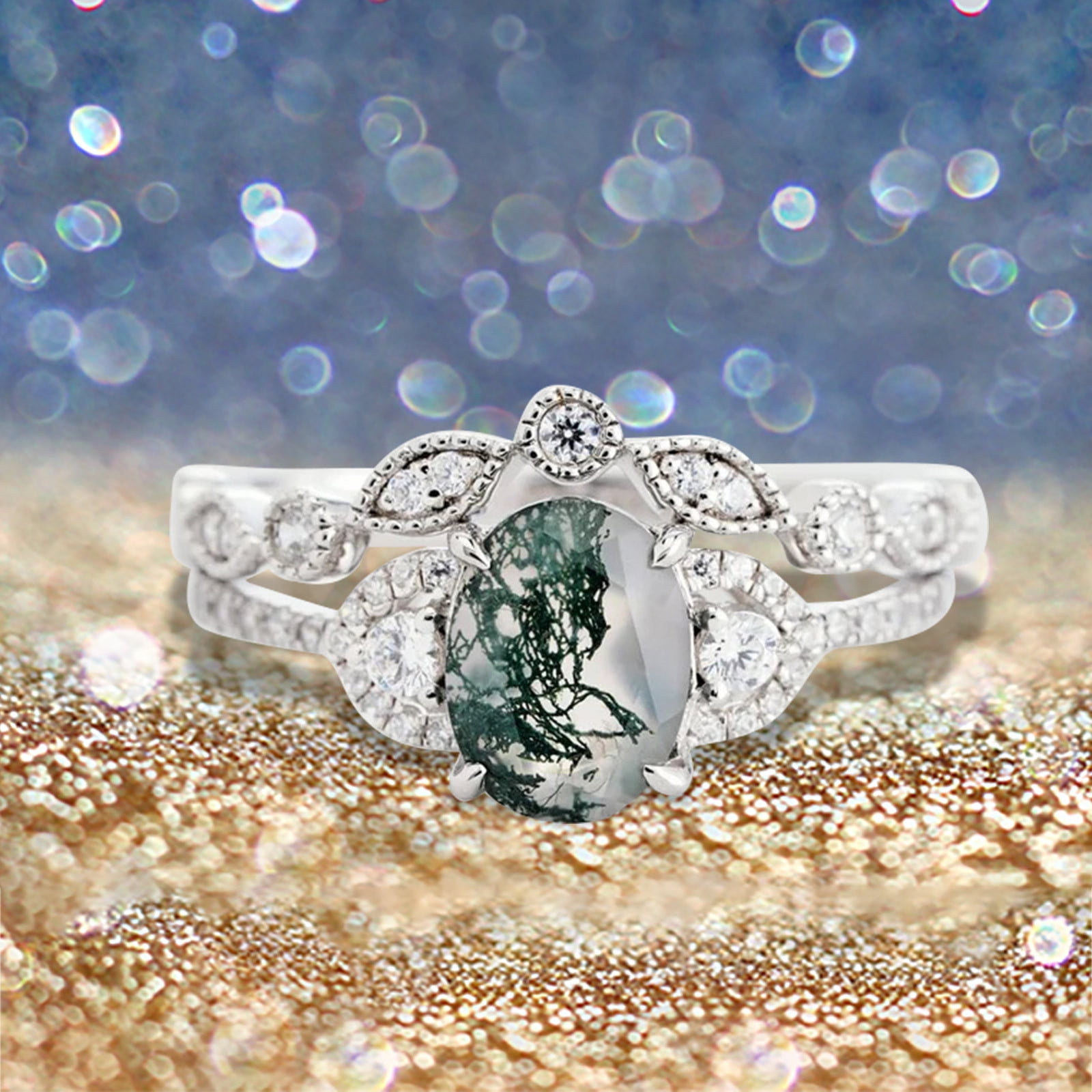 Gobwell anillos Oval White Stone Ring Luxury Diamond Oval Green Plant Pattern Ring Wedding Engagement Jewelry Gift rings for women non tarnish