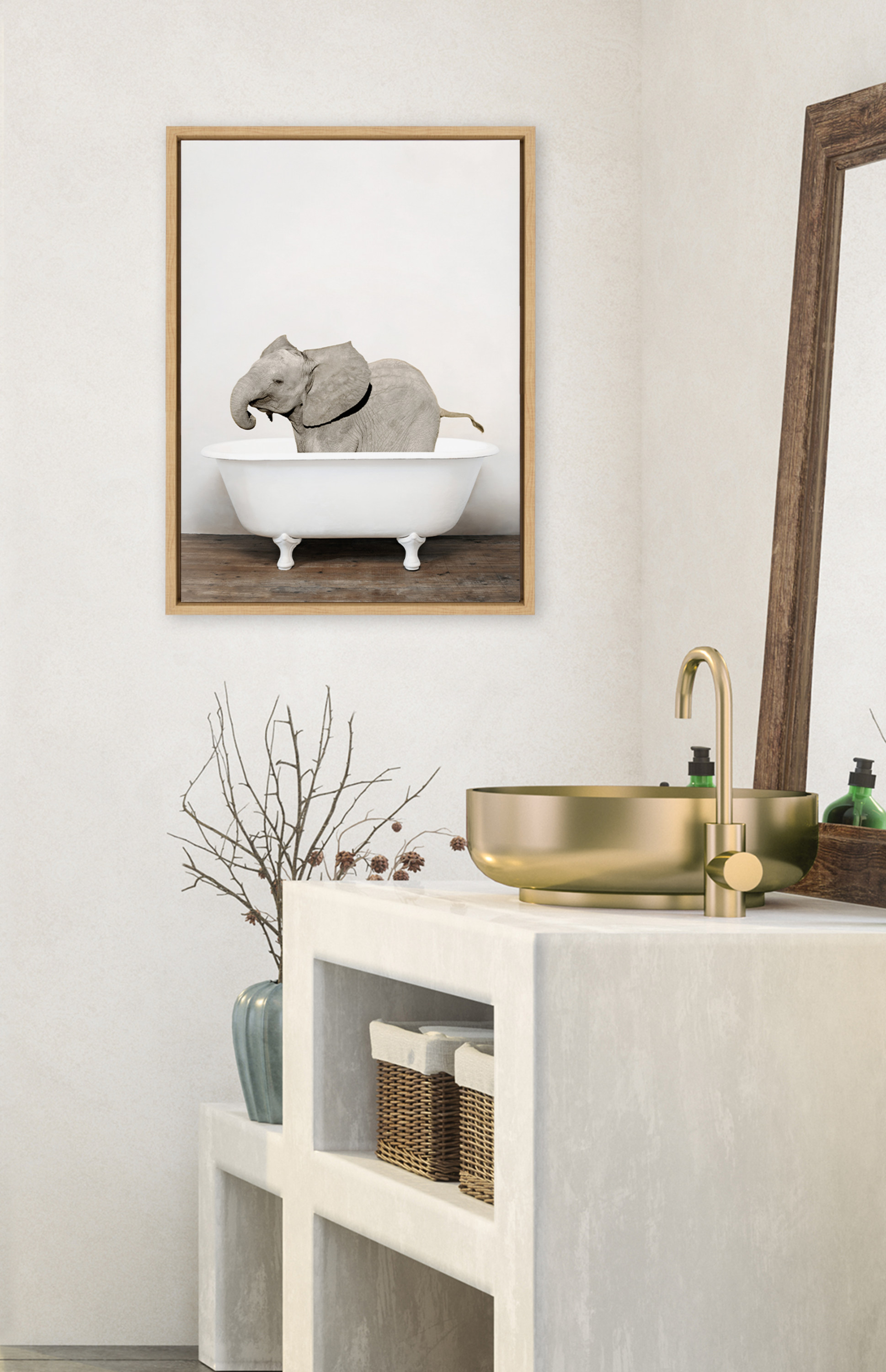 Kate and Laurel Sylvie Baby Elephant in the Tub Color Framed Canvas Wall Art by Amy Peterson Art Studio, 18x24 Natural, Modern Fun Decorative Bathtub Wall Art for Home Décor
