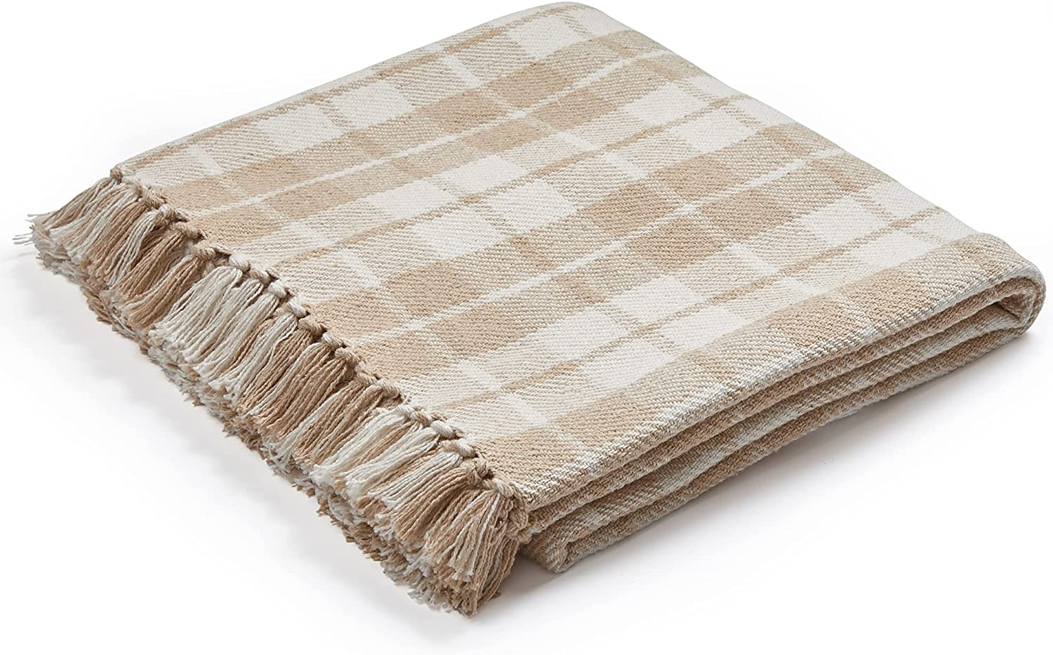 Americanflat 50x60 Throw Blanket, 100% Cotton with Fringe, Ecru Camel Plaid, all seasons blanket