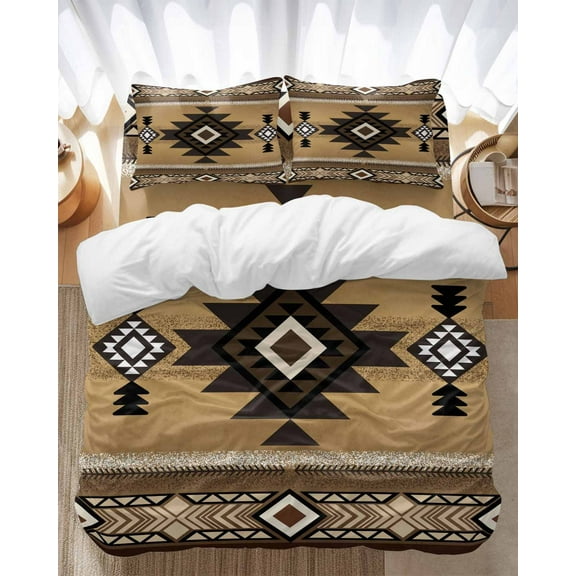 Southwest Ethnic Style Bedding Duvet Cover Set King Size 4 Pieces Brown Tribe Retro Geometric Bedding Set with Zipper Closure, 1 Comforter Cover 92x106 Inches 1 Flat Sheet & 2 Pillow Cases