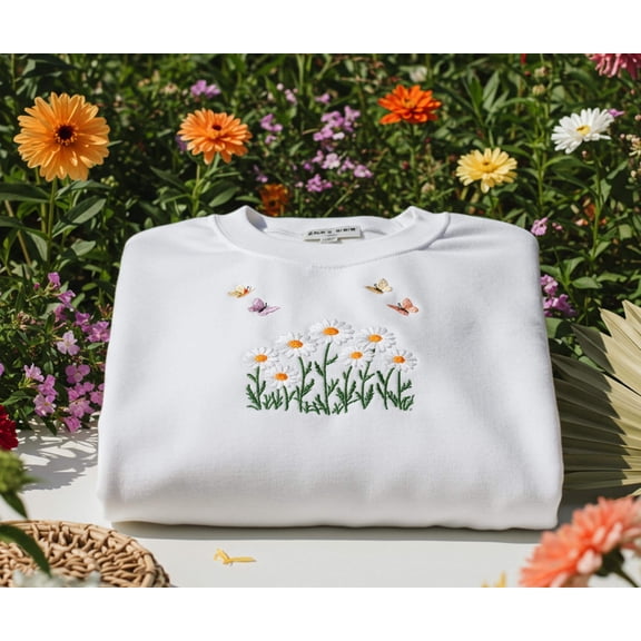 Daisy Flower Embroidered Sweatshirt | Spring Floral Sweatshirt for Women Cute Flower Design Sweater Cozy and Stylish Floral Embroidery Top