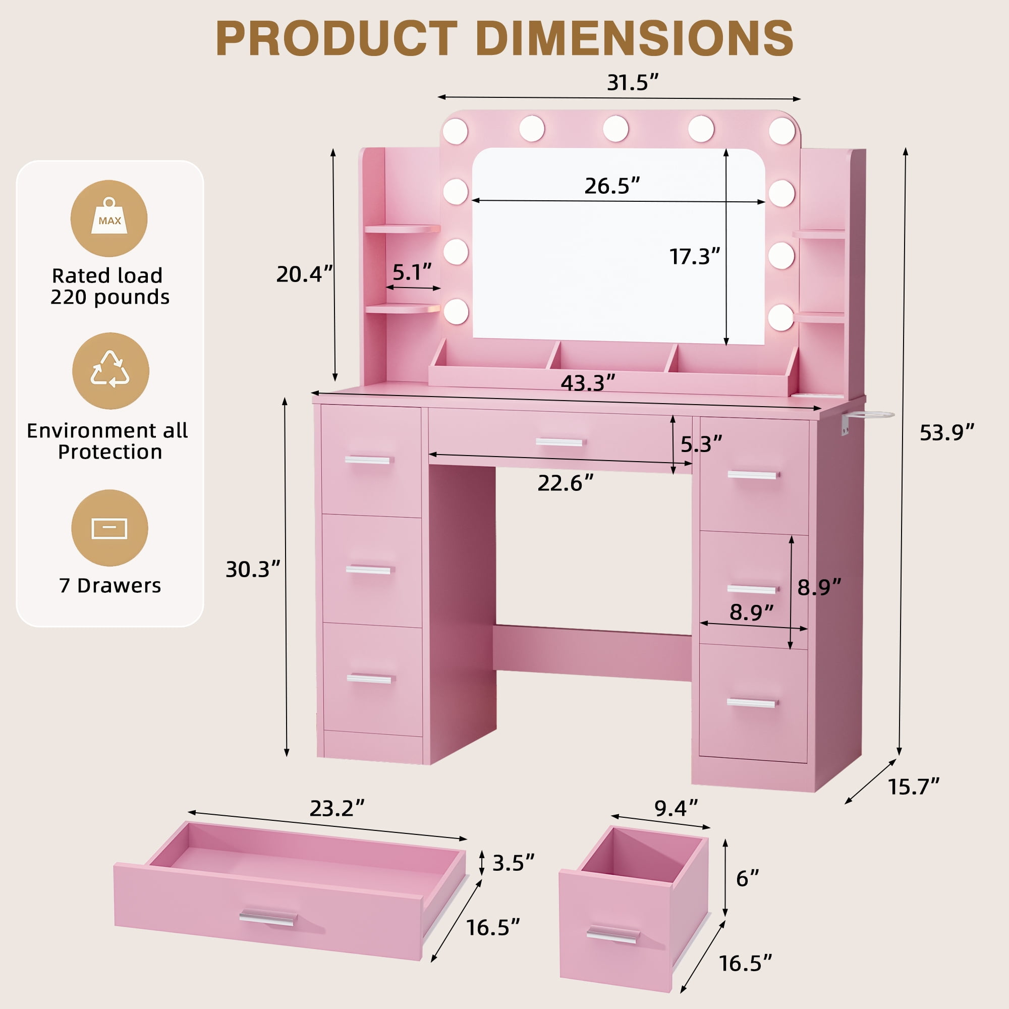 Homall Vanity Desk with Lights & Mirror, Makeup Vanity Set with Power Outlet & Storage Drawers Shelves for Bedroom, Pink