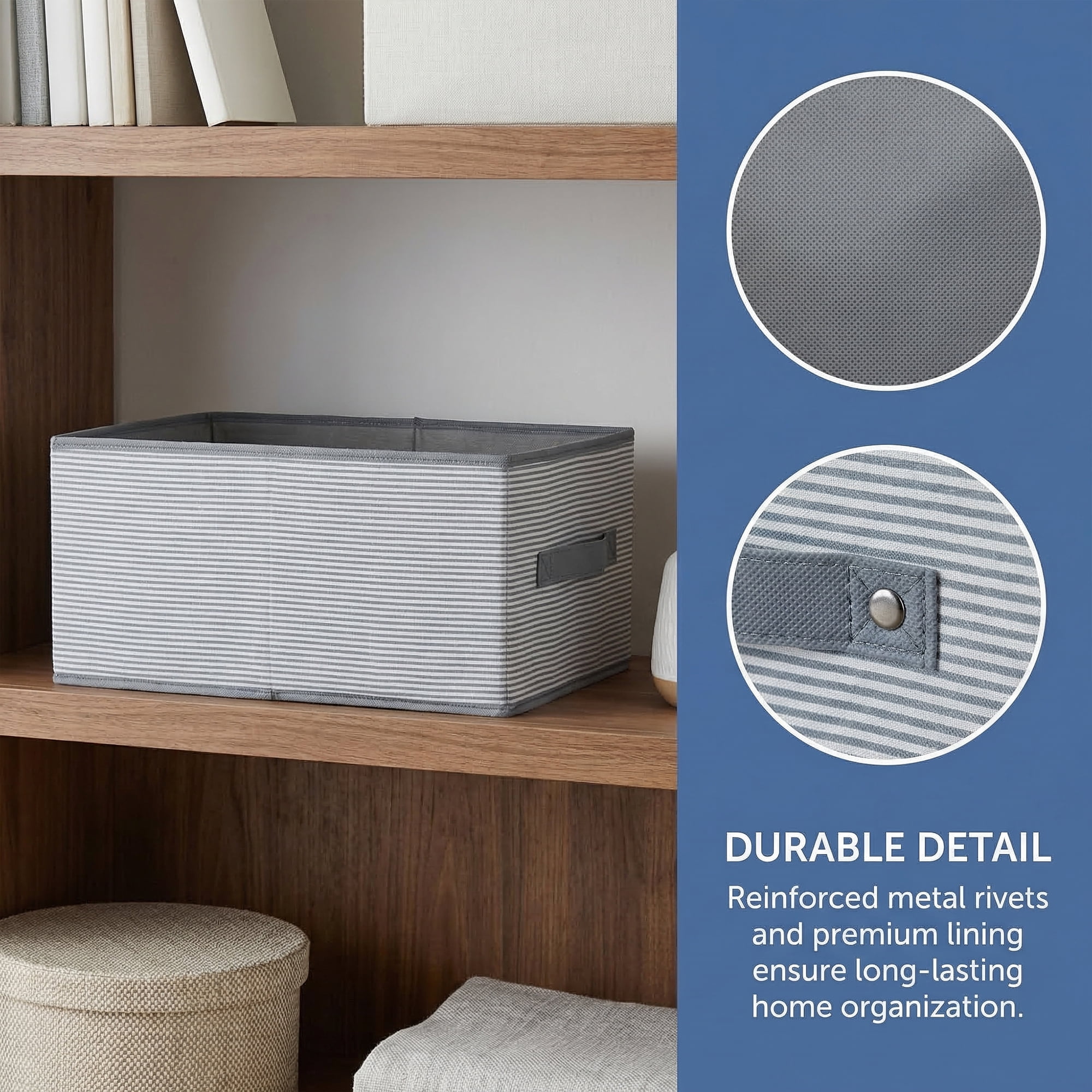 Unique Bargains 3pcs Fabric Storage Bin with Stripe Grey 18.5*11*7.9in