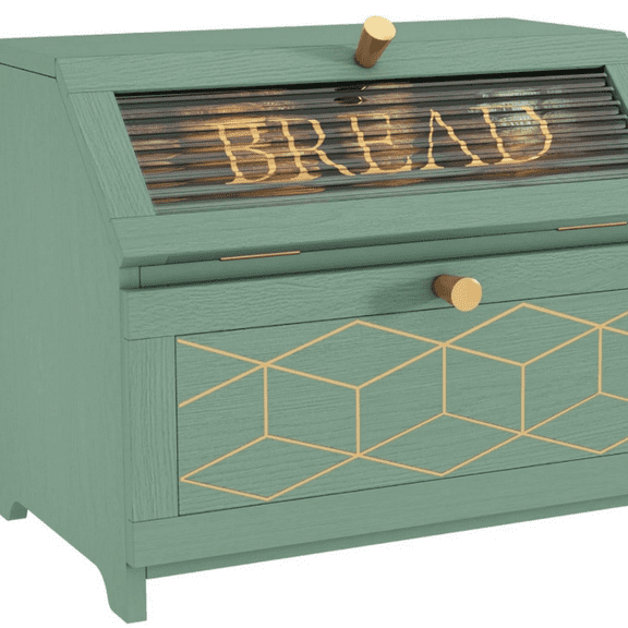 Double Layer Bread Box with Golden Trim for Kitchen Countertop, Wooden Bread Container for Kitchen Counter, Corner Bread Storage for Homemade Bread Green