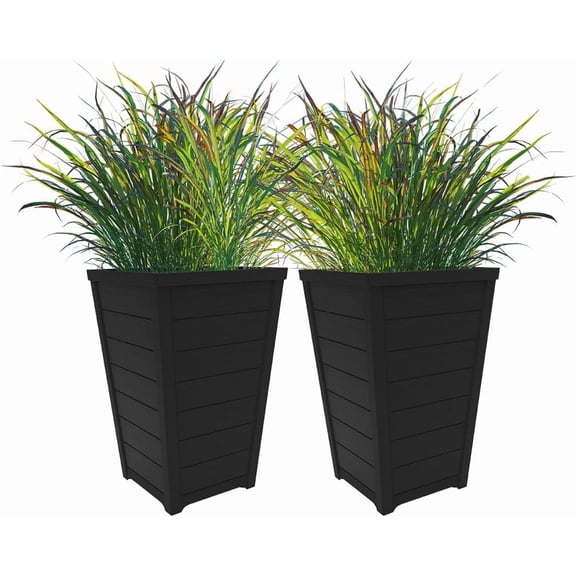 Set of 2 Resin Tall 22" Modern Flower Pots, Large Tapered Wood-Look Planters for Outdoor Plants, Front Porch Decor, Graphite