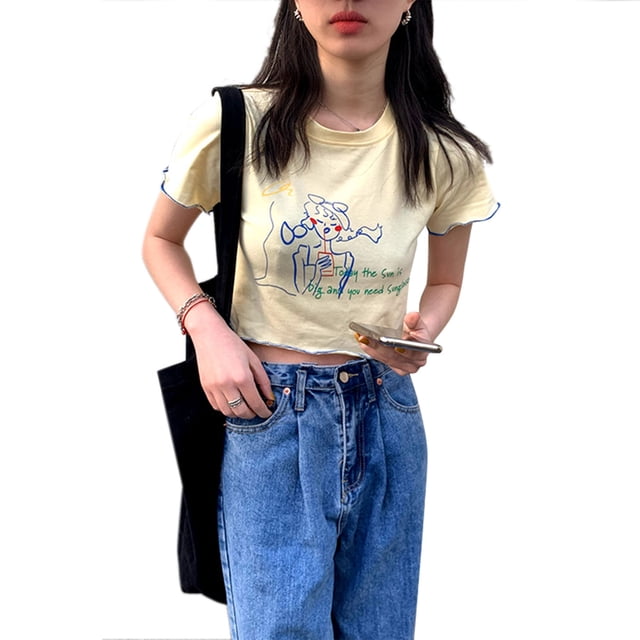 Camiseta corta estampada con cuello redondo, manga corta, corte ajustado, Top de verano para mujer para ir de compras a diario