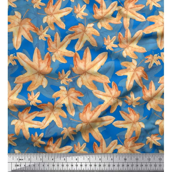 Soimoi Blue Cotton Duck Fabric Autumn Leaves Print Fabric by the Yard 44 Inch Wide
