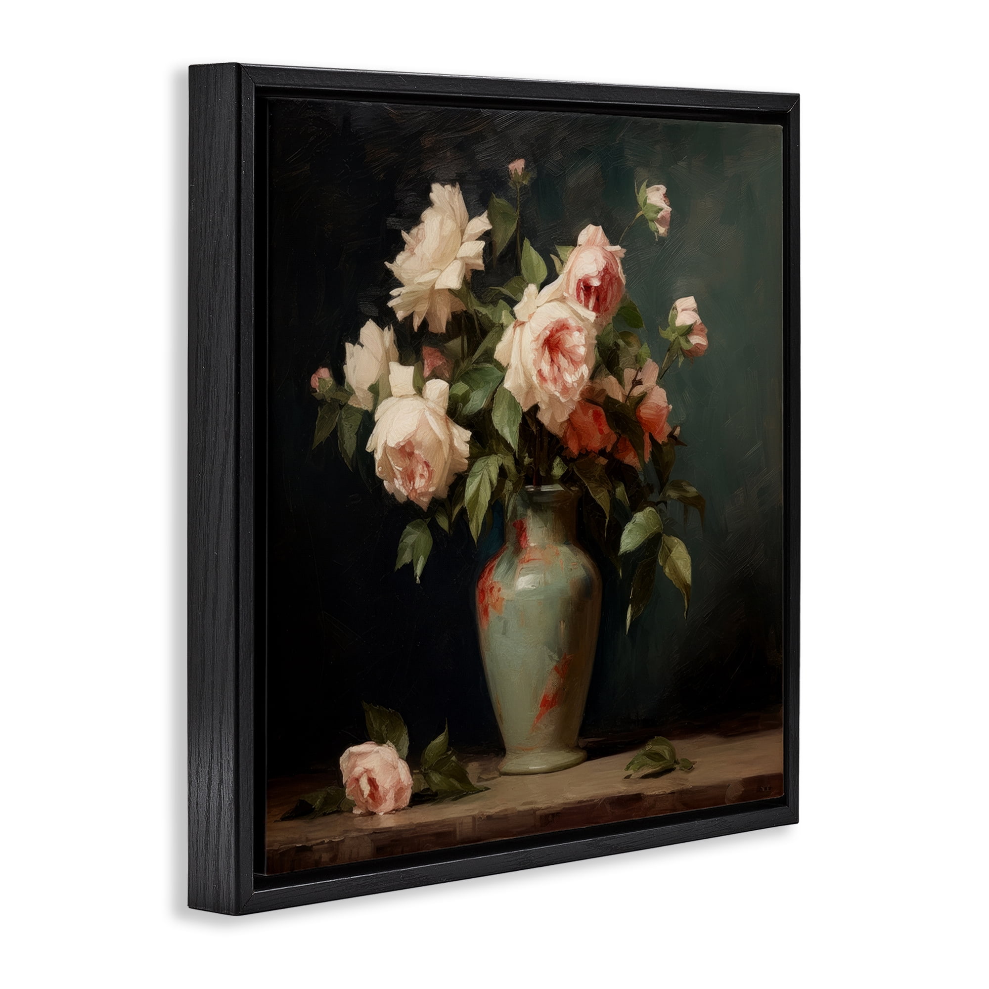 Stupell Industries Vintage Bunches in Vase Plants & Flowers Painting Black Floater Framed Canvas Art Print Wall Art, 25 x 25