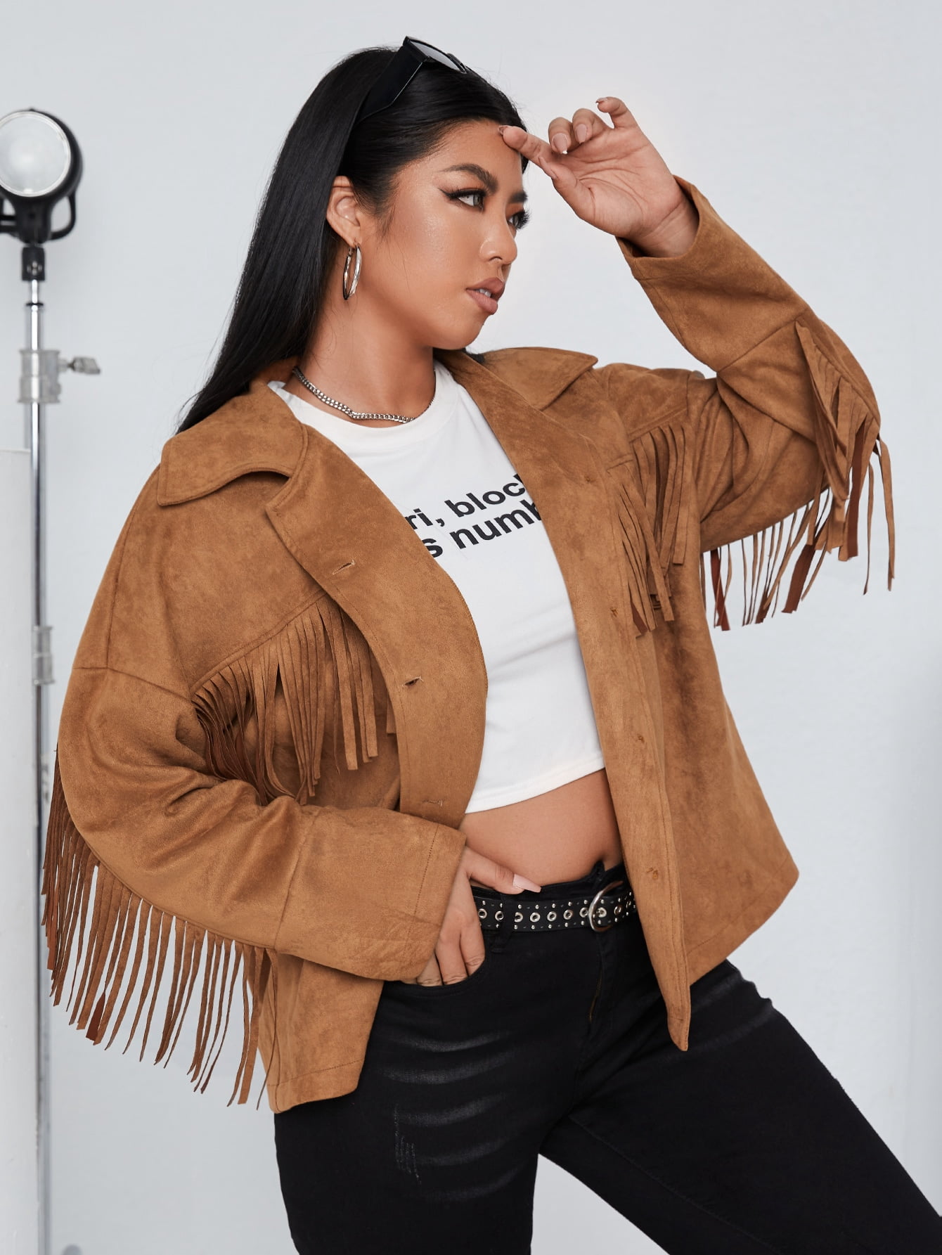 plus size fringe jacket