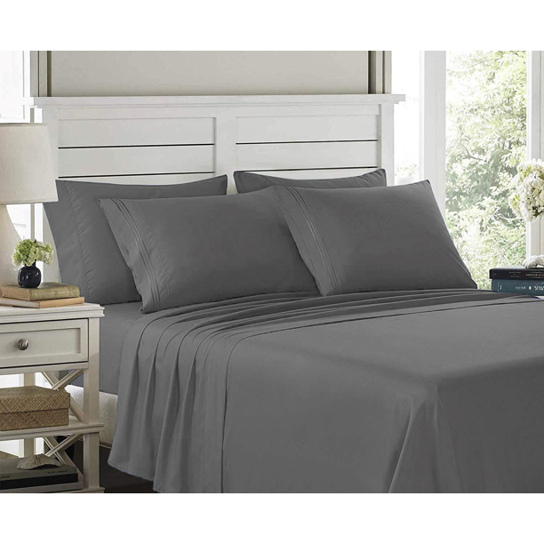 Stripes Bed Sheet Set (King, Grey) 4 Pieces Deep Pocket 1800 Series