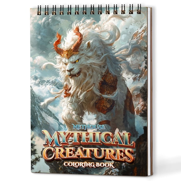 NETHOUSE Mythical Creatures Spiral Coloring Book for Adults, A5 Wooden Cover, 30 Coloring Pages of Majestic Dragons, Enchanting Unicorns, Mystical Phoenixes, Magical Fairies, Legendary Beast
