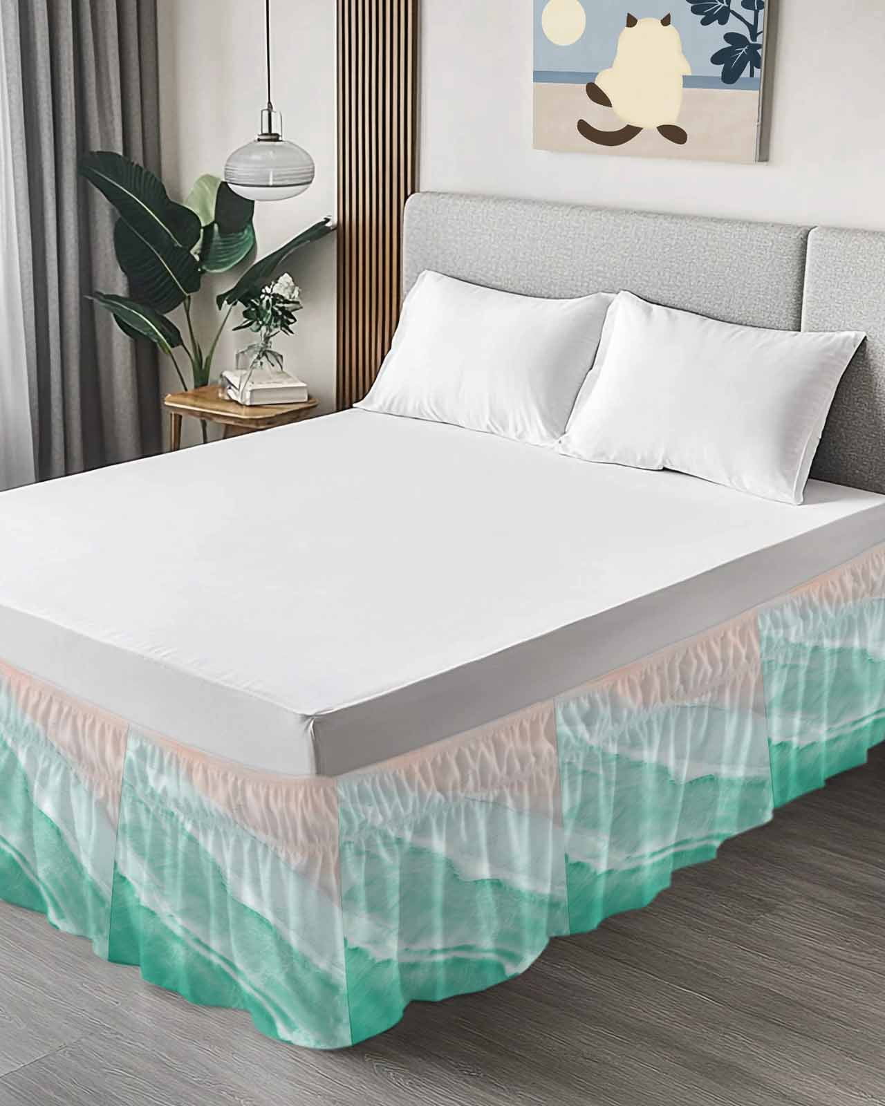 Teal Green Bed Skirt Gradient Sea Waves Sandy Beach Coastal Scenery Bed Skirts Queen Size 16 Inch Drop, Wrap Around Dust Ruffle&nbsp;Bedskirt with Adjustable Elastic Belt for Queen Size Beds