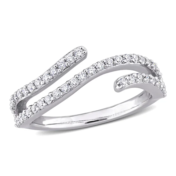 Women’s Pave Diamond Crossover Ring, 14K White Gold Plated, Modern Open Wedding Eangagement Band, 1.3 CT Round Brilliant Simulated Diamond, Anniversary Ring