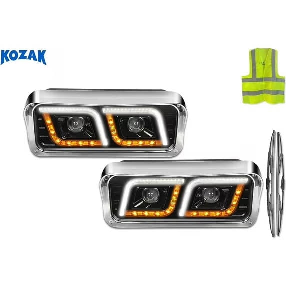 KOZAK Compatible with FREIGHTLINER CLASSIC LED DRL DUAL Black Projector Headlights Set