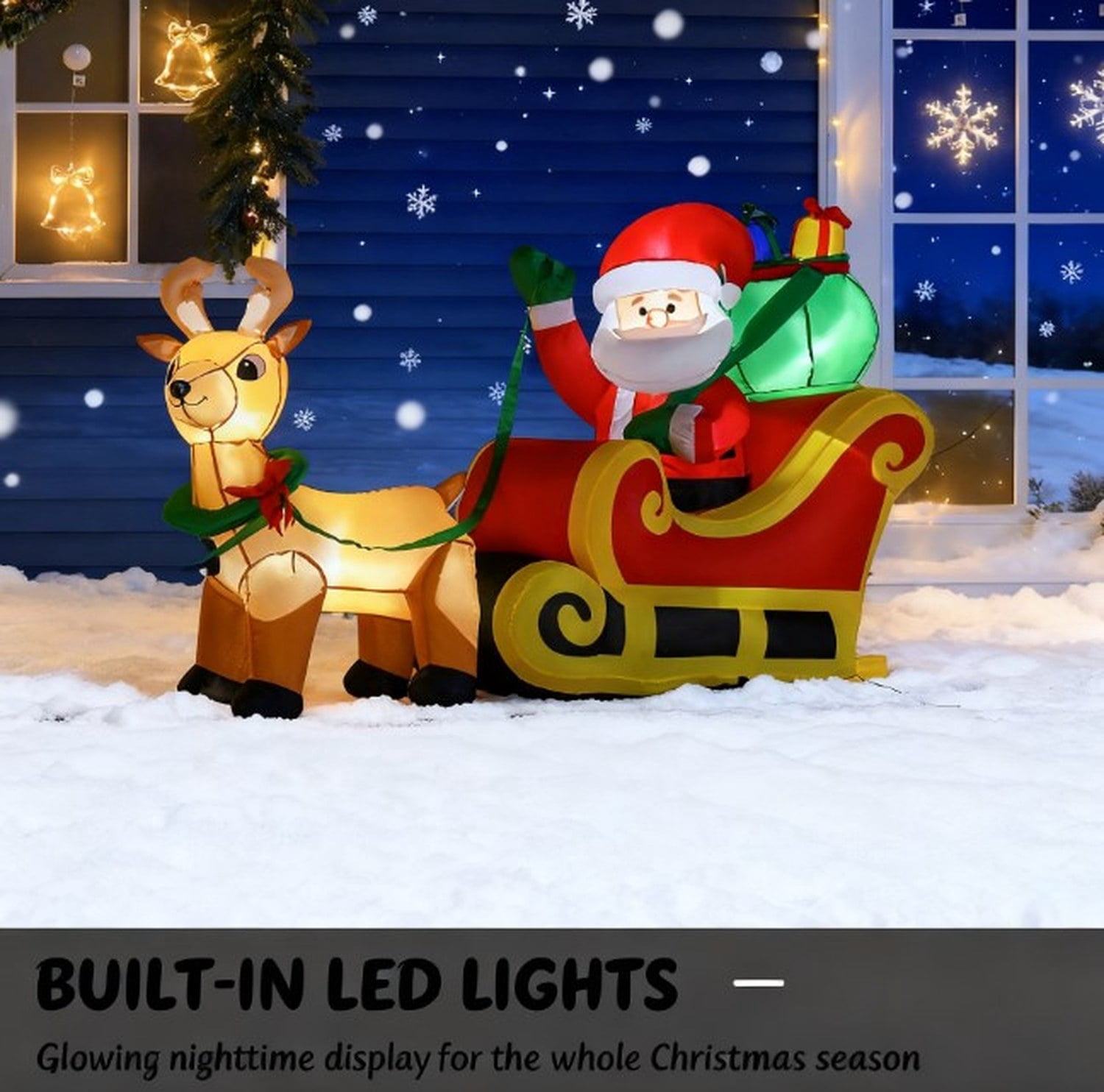 Inflatable Santa Claus with Sleigh and Reindeer Yard Decoration with LED Lights, Red/Yellow, 94.5 x 22.5 x 44 in