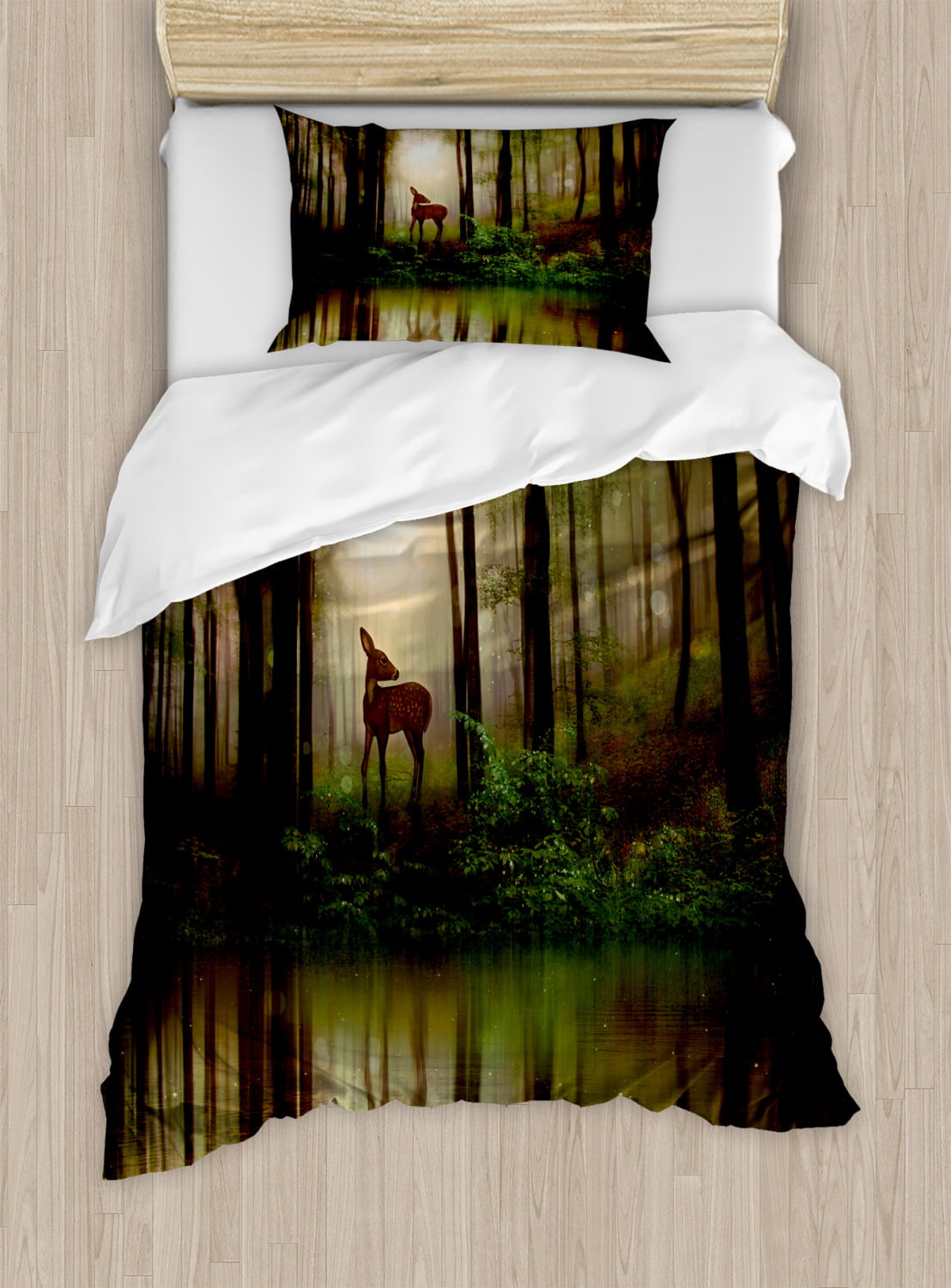 Minalo Duvet Cover Set Beige,Forest Baby Deer Foggy Lake Print,Decorative 3 Piece Bedding Set with 2 Pillow Shams King Size 