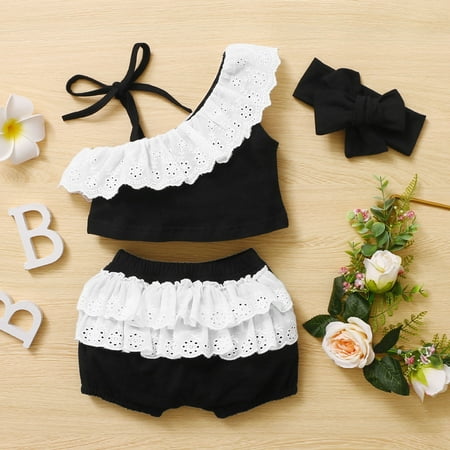 

Hunpta Infant Girls Sleeveless Off Shoulder Lace Tops Ruffles Shorts Headbands Outfits